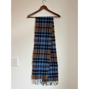 Avoca Handweavers Ireland Pure New Wool Plaid Scarf Blue Herringbone Fringed